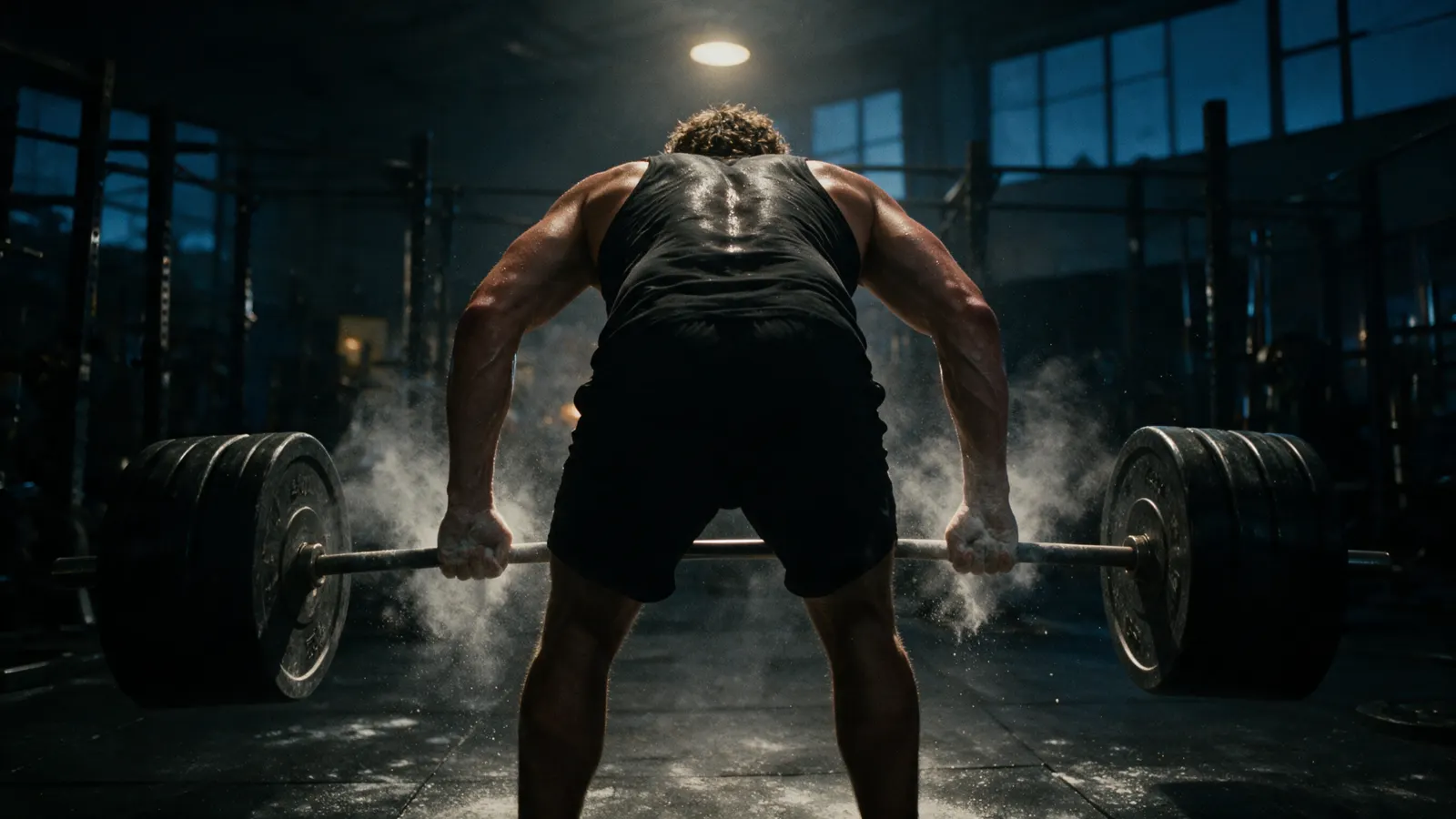 Jaden straining to pull a loaded barbell, seen from behind