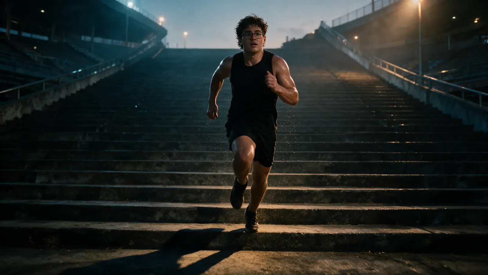 Jaden running stadium stairs at first light