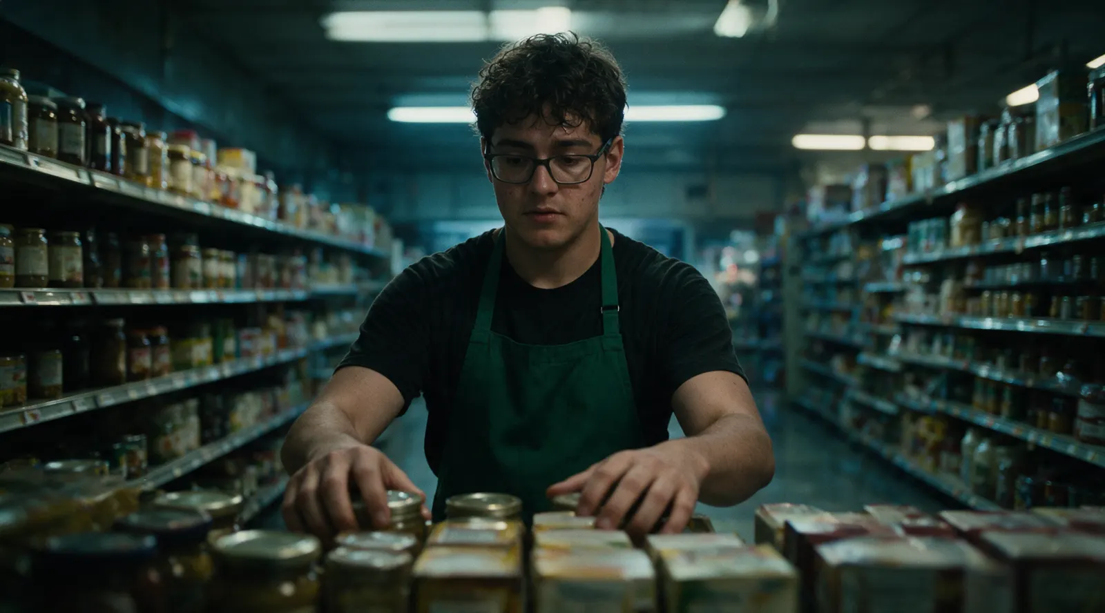 Jaden in a green apron lining up products on a grocery shelf late at night